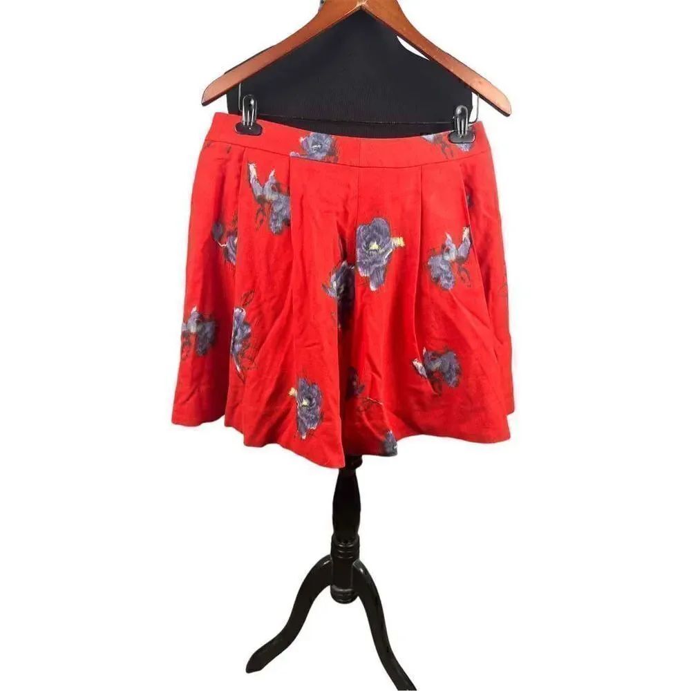 Anthropologie Odille red floral 100% Wool fully lined pleated skater skirt 8